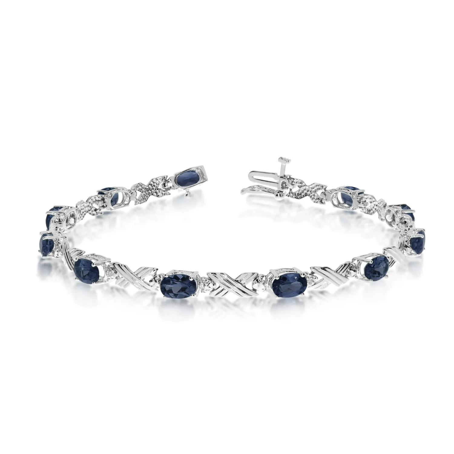 10K White Gold Oval Sapphire Stones And Diamonds Tennis Bracelet, 7"