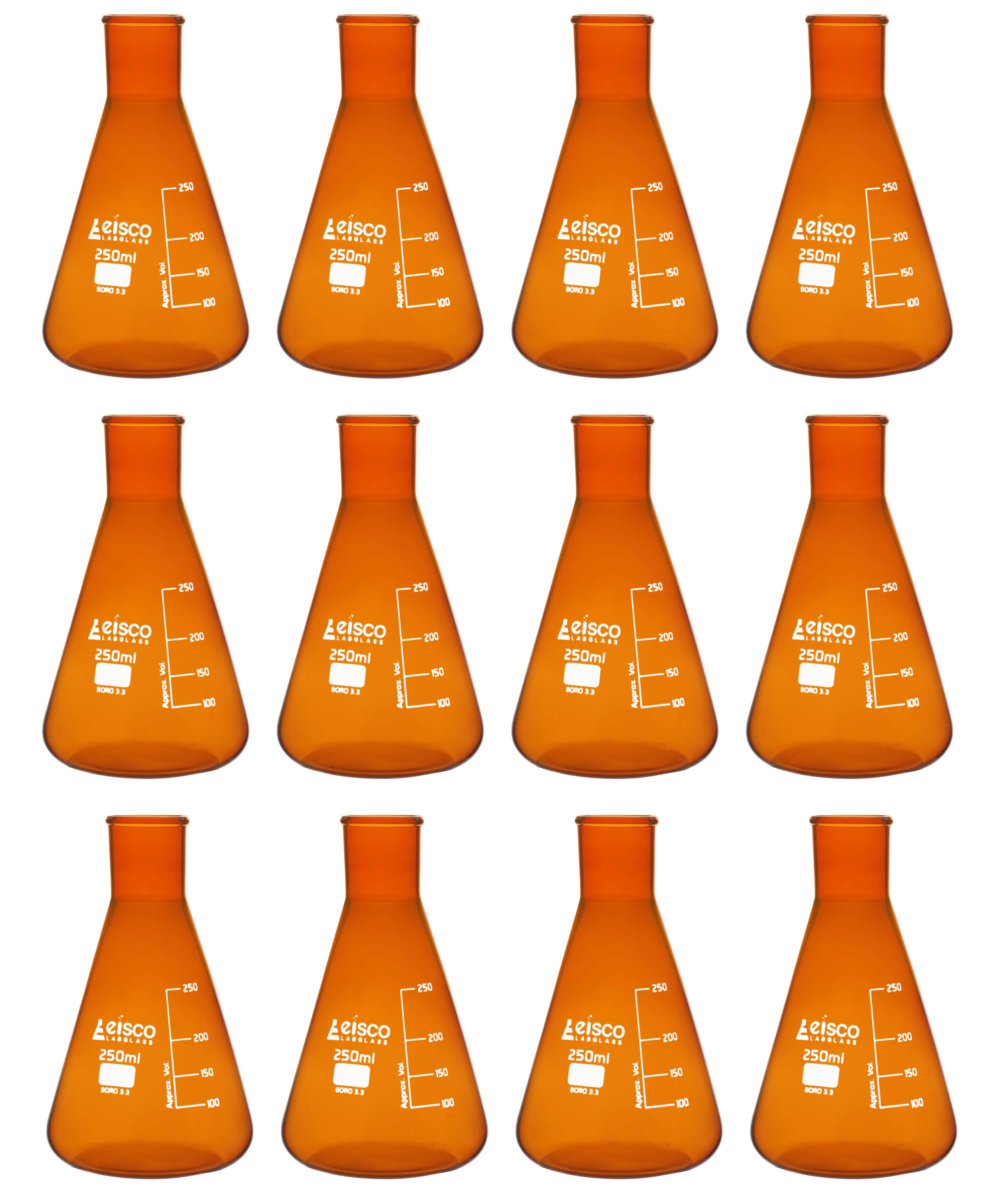 12PK Erlenmeyer Flask, Amber, 250mL - Narrow Neck - Borosilicate Glass