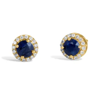 18K Gold Vermeil 1.78Gtw  Natural Blue Sapphire & White Zircon Stud Earrings