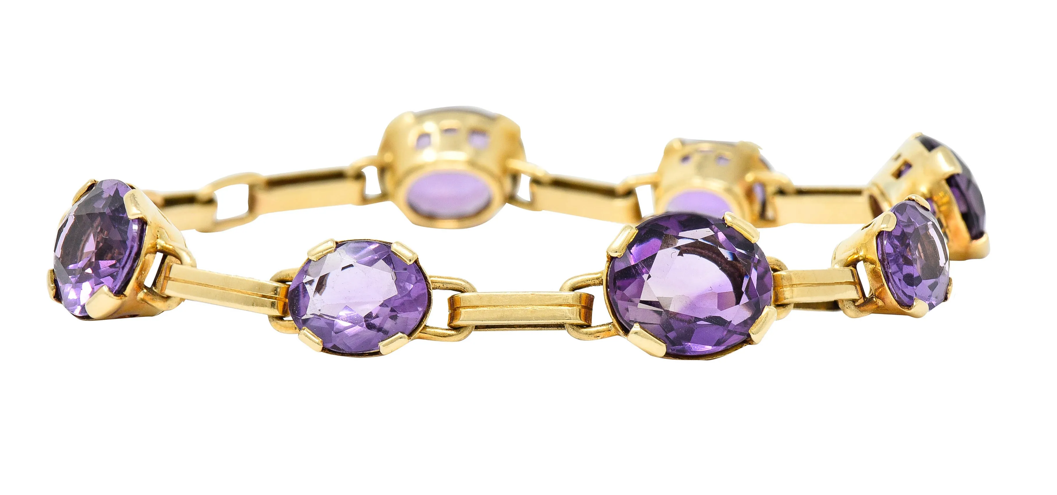 1940's Retro Amethyst 14 Karat Gold Station Link Bracelet