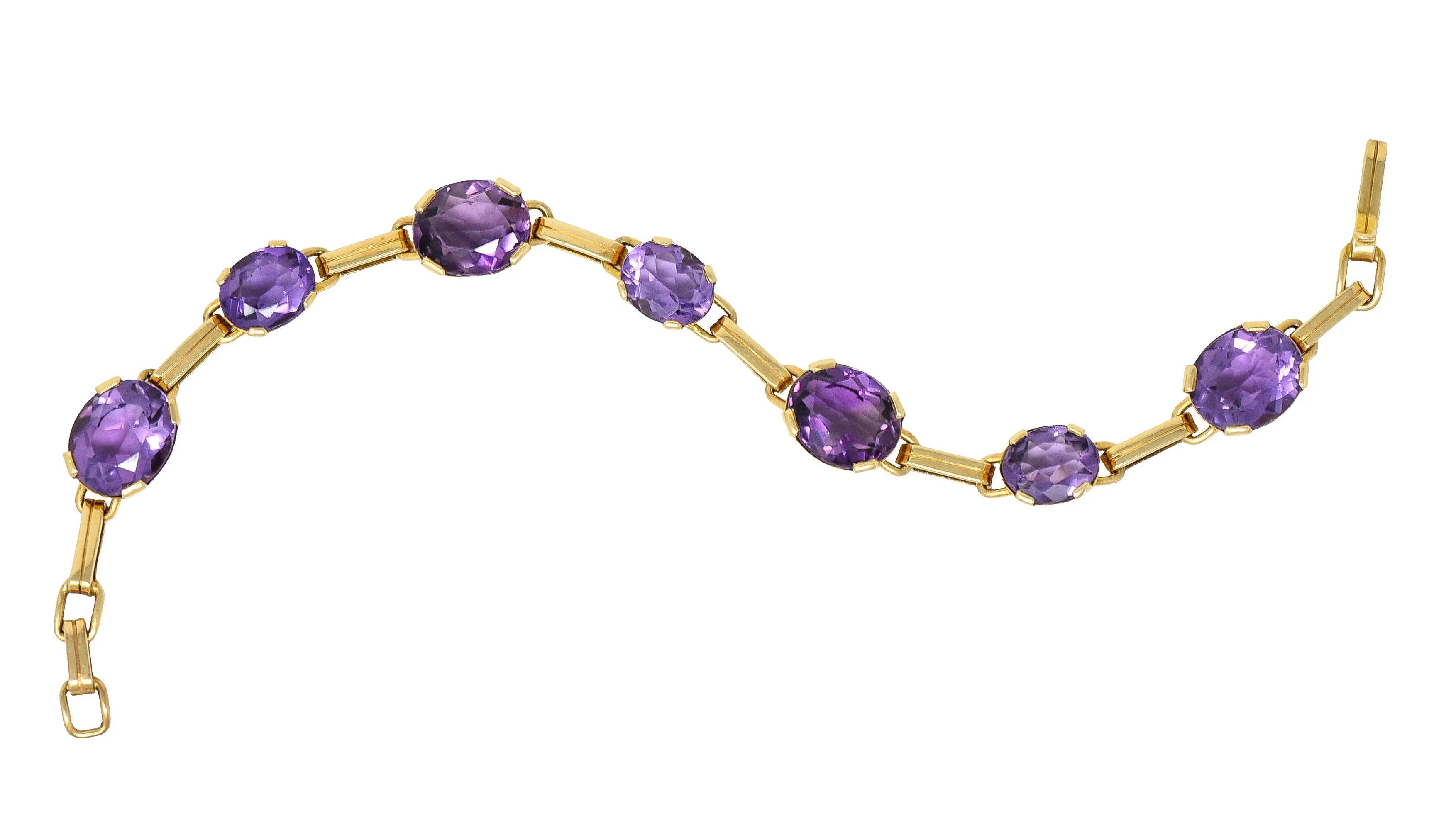 1940's Retro Amethyst 14 Karat Gold Station Link Bracelet