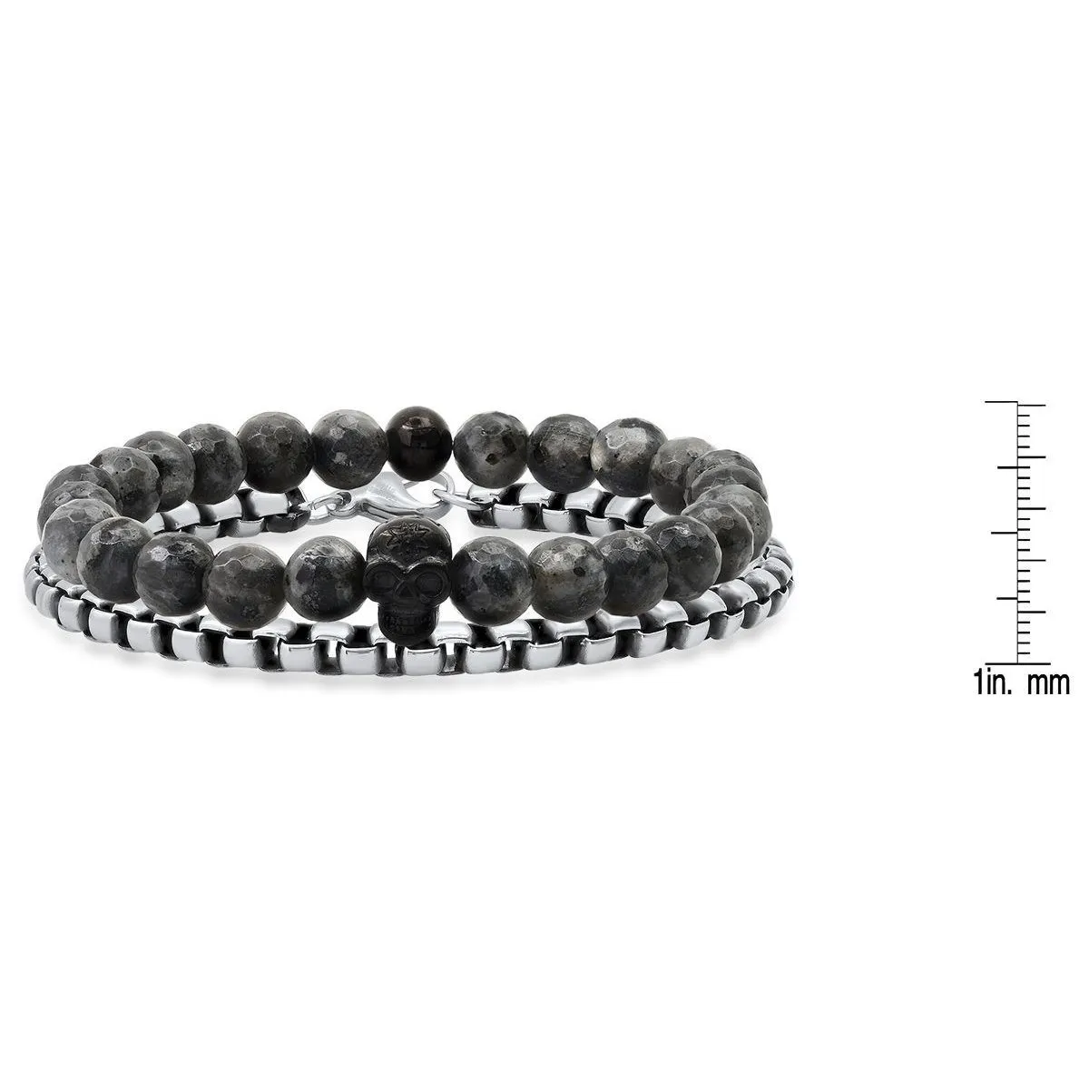 2-Piece Set: Men's Gray Agate and Black IP Stainless Steel Skull Beaded and Box Link Bracelet