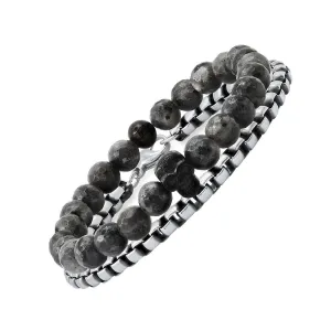 2-Piece Set: Men's Gray Agate and Black IP Stainless Steel Skull Beaded and Box Link Bracelet