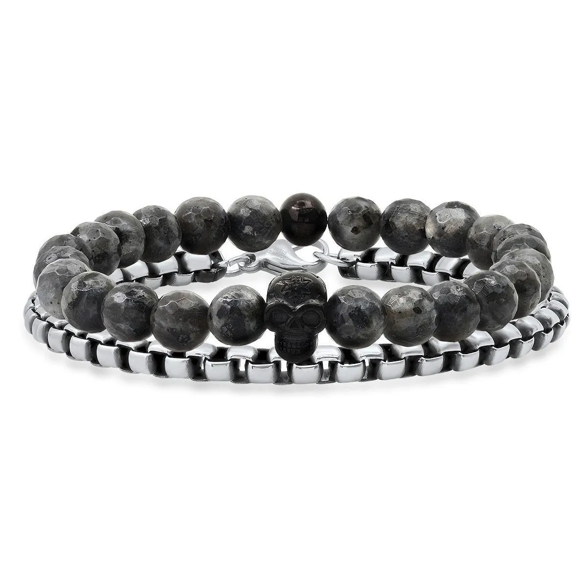 2-Piece Set: Men's Gray Agate and Black IP Stainless Steel Skull Beaded and Box Link Bracelet