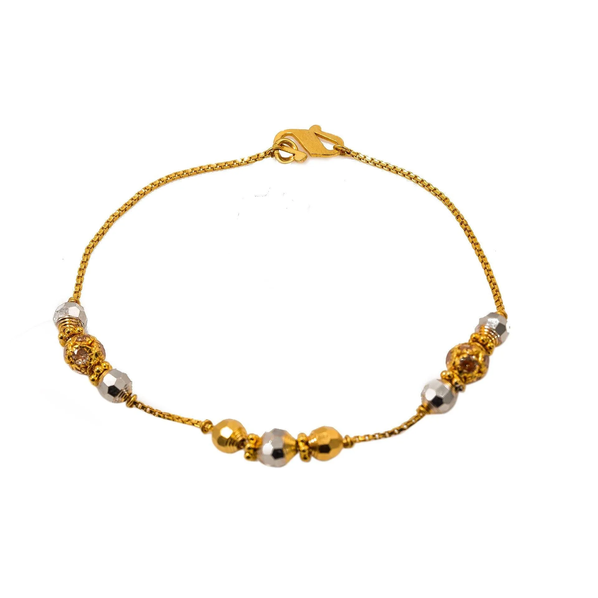 22K Multi Tone Gold Bracelet W/ CZ Gems & Textured Bicone Beads