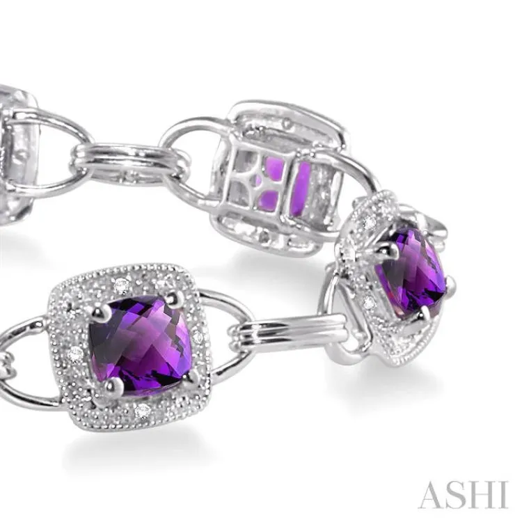 5x5MM Cushion Cut Amethyst and 1/6 Ctw Single Cut Diamond Bracelet in 10K White Gold