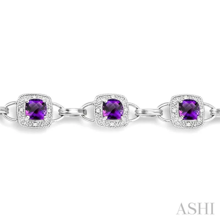 5x5MM Cushion Cut Amethyst and 1/6 Ctw Single Cut Diamond Bracelet in 10K White Gold