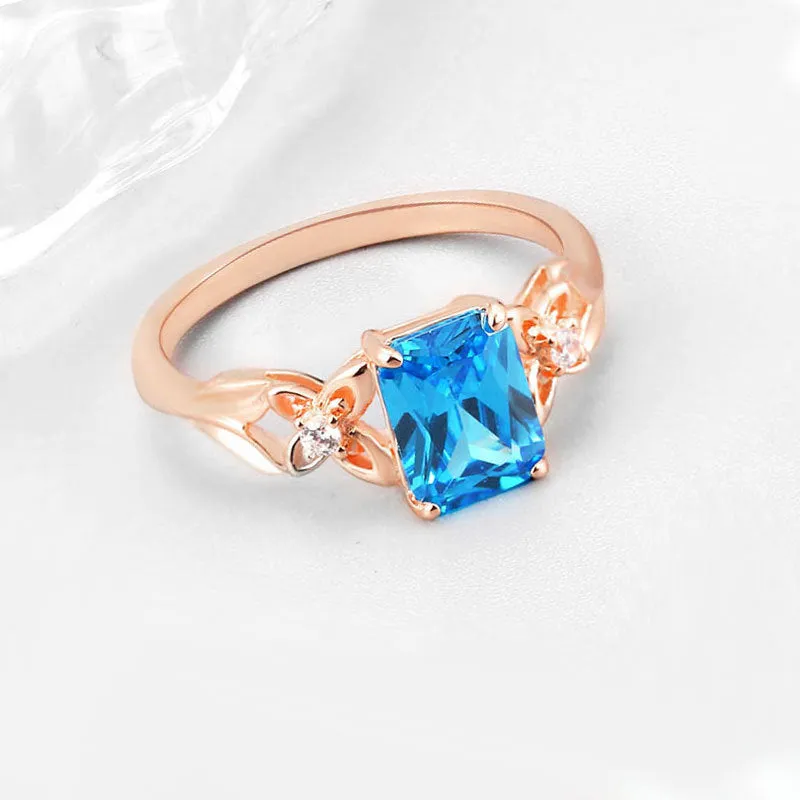 8*6mm Rectangle Blue Zircon Flower Silver Ring for Women