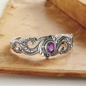 Amethyst & Silver Floral Paisley Cuff Bracelet