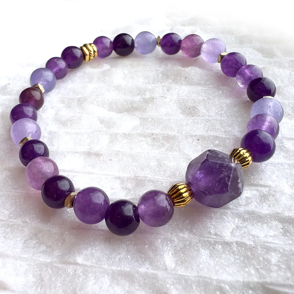 Amethyst Beads Gemstones Crystals Boho Hippie Design - Stretch Bracelet Handmade Jewelry