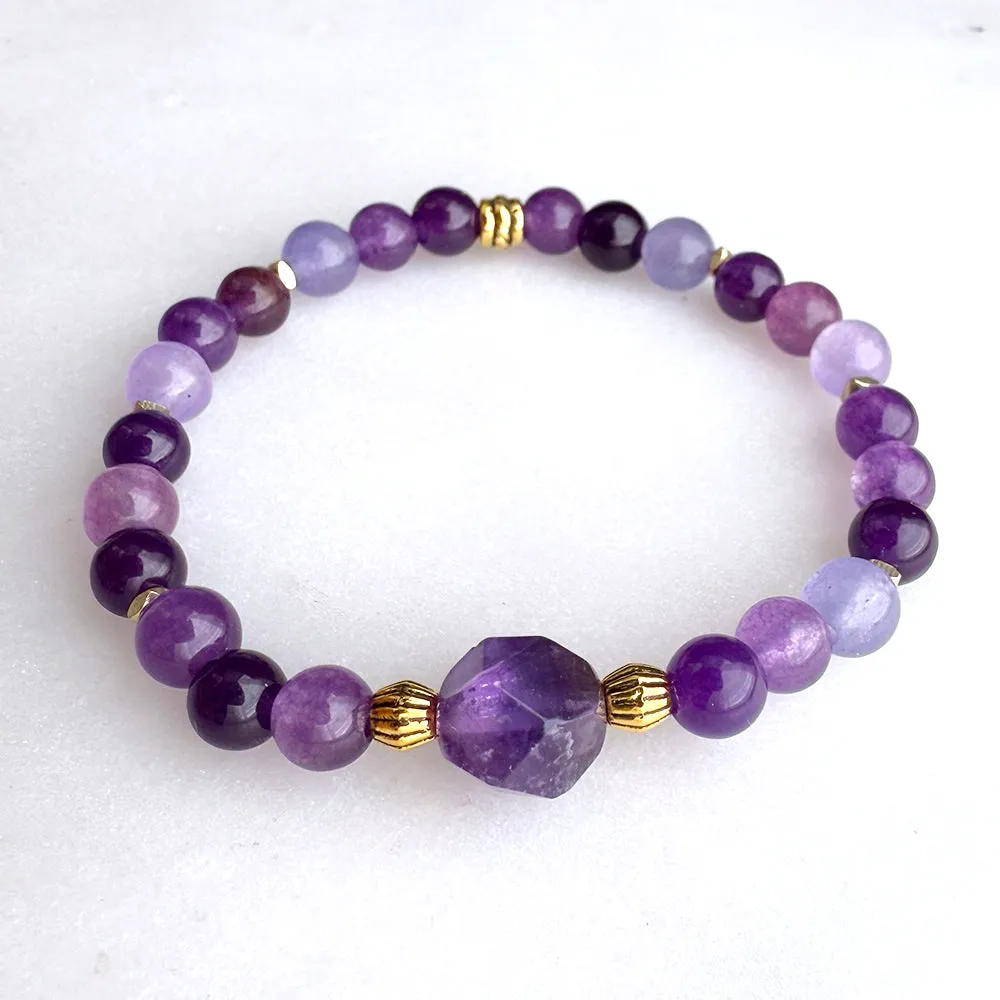 Amethyst Beads Gemstones Crystals Boho Hippie Design - Stretch Bracelet Handmade Jewelry