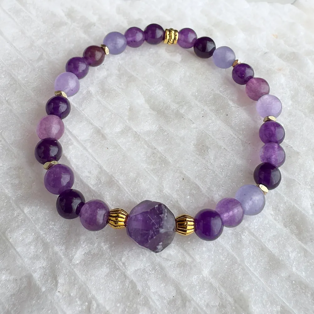 Amethyst Beads Gemstones Crystals Boho Hippie Design - Stretch Bracelet Handmade Jewelry