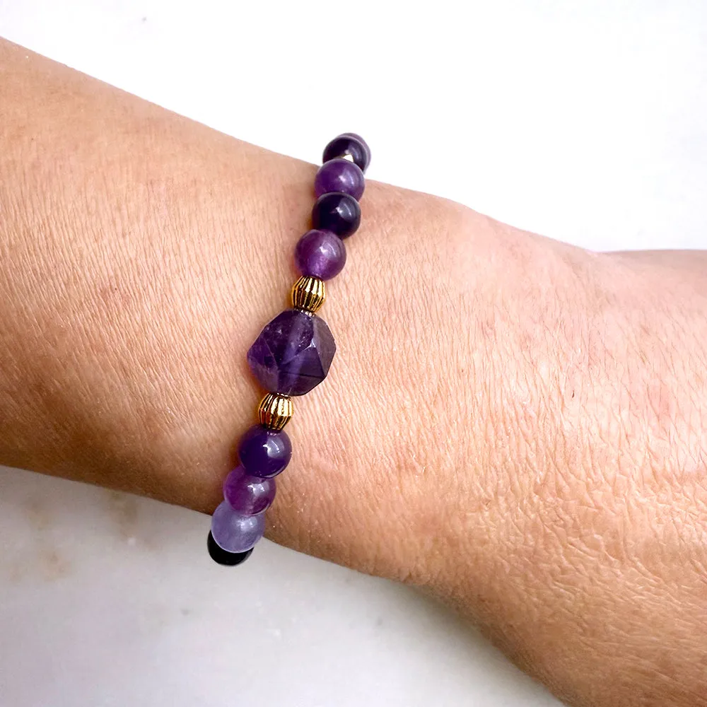 Amethyst Beads Gemstones Crystals Boho Hippie Design - Stretch Bracelet Handmade Jewelry