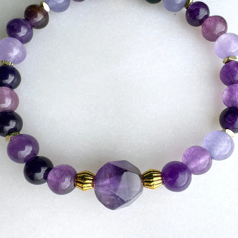 Amethyst Beads Gemstones Crystals Boho Hippie Design - Stretch Bracelet Handmade Jewelry