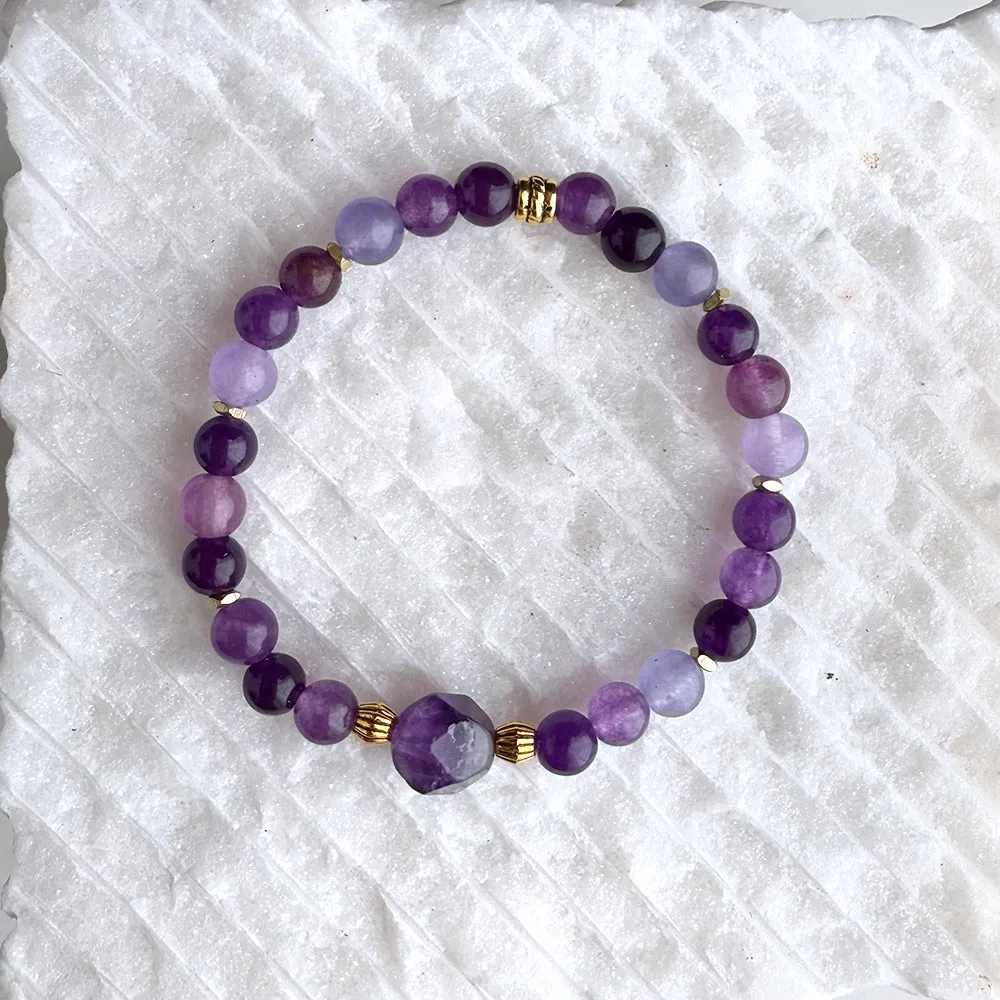 Amethyst Beads Gemstones Crystals Boho Hippie Design - Stretch Bracelet Handmade Jewelry