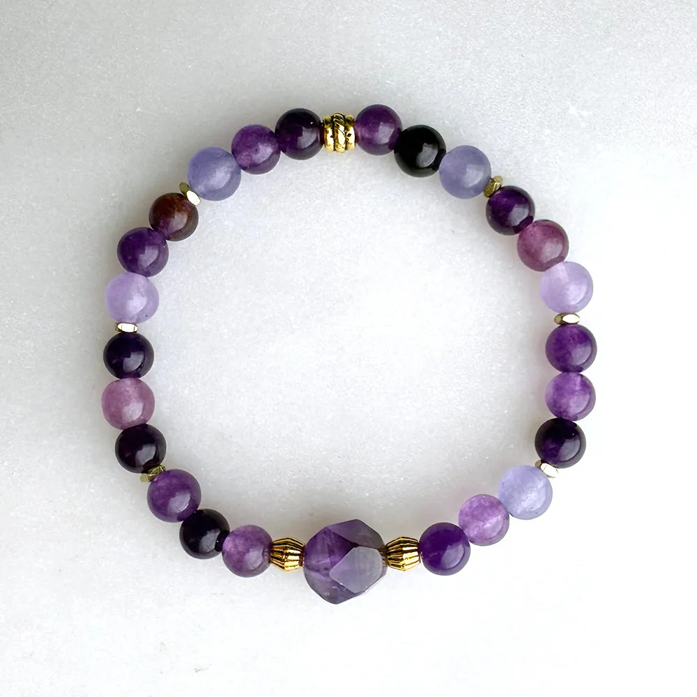 Amethyst Beads Gemstones Crystals Boho Hippie Design - Stretch Bracelet Handmade Jewelry