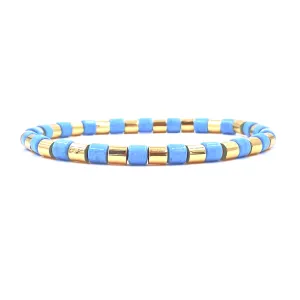 Ashley Gold Stainless Steel Gold Plated Blue Enamel Design Stretch Beaded Bracelet