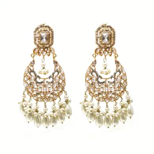 Big Bridal Ethnic Pakistani Gold Plated Dangle Earrings with White Drop Pearls and Zircon - Duel On Jewel