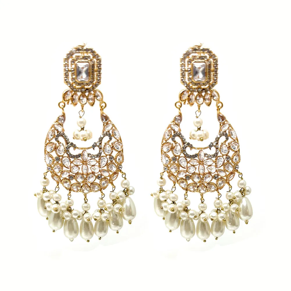 Big Bridal Ethnic Pakistani Gold Plated Dangle Earrings with White Drop Pearls and Zircon - Duel On Jewel