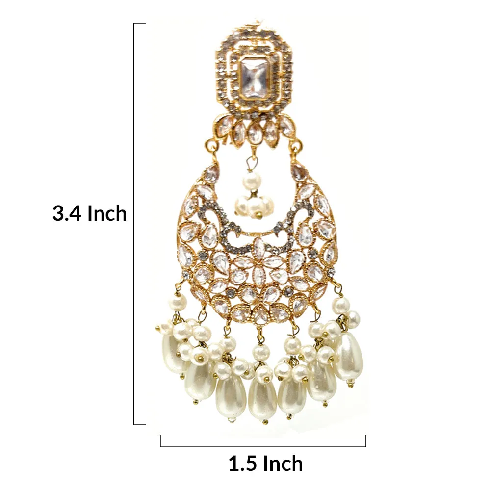 Big Bridal Ethnic Pakistani Gold Plated Dangle Earrings with White Drop Pearls and Zircon - Duel On Jewel