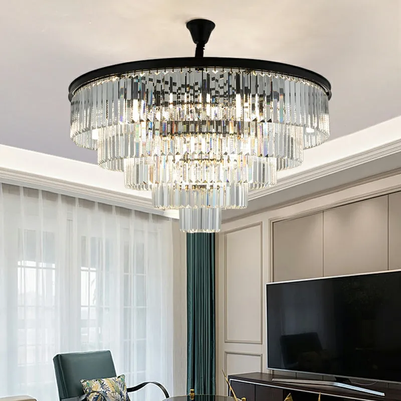 Black/ Gold Finish Iron Cake Tiered Shape Crystal Chandelier Round Living Room Ceiling Light Fixture