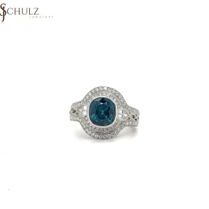 Blue Zircon & Diamond Double Halo White Gold Ring