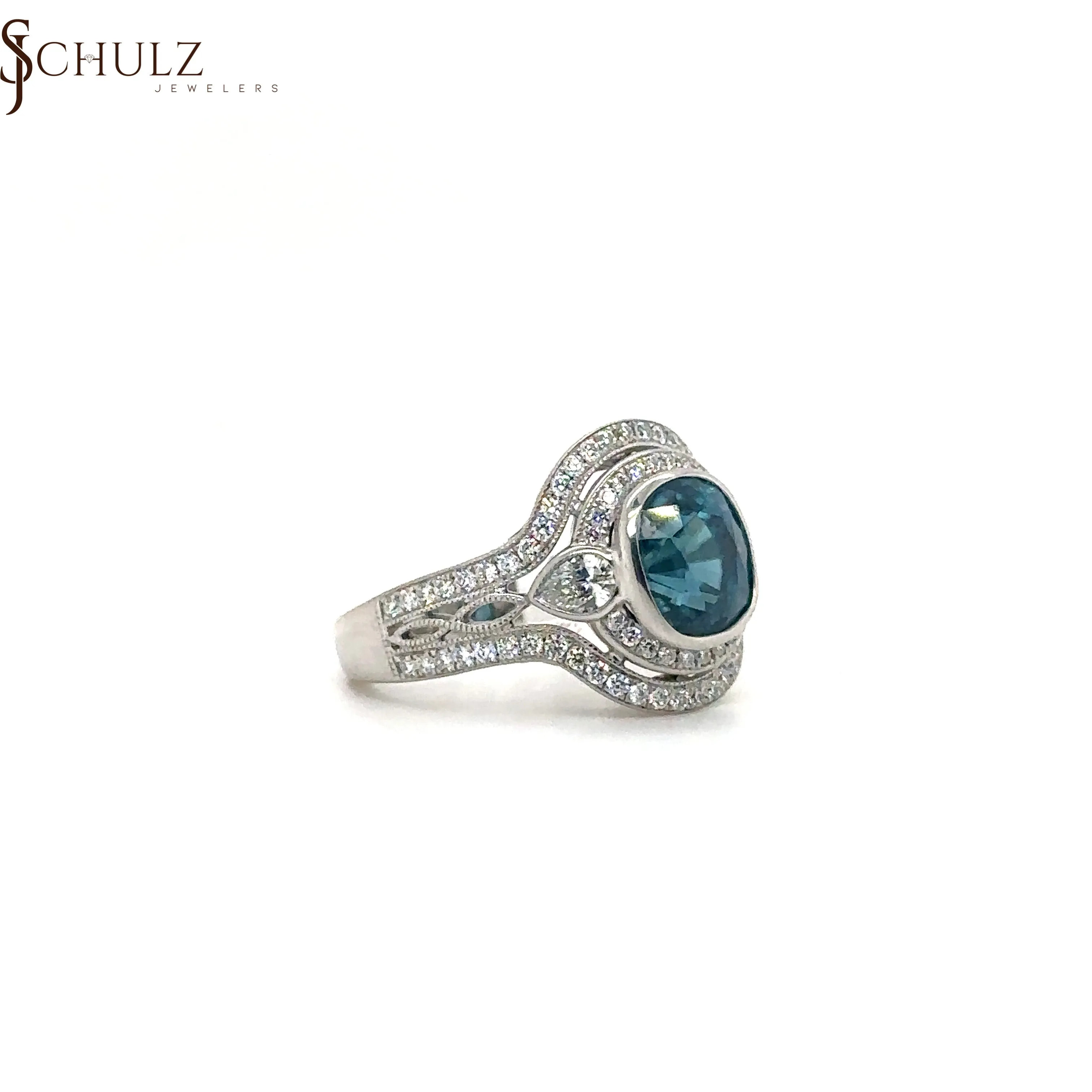 Blue Zircon & Diamond Double Halo White Gold Ring