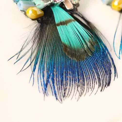 Bohemian Ethnic Style Feather Earrings 14K Gold Plated Bird Charm Gemstone Eardrop Gift for Women