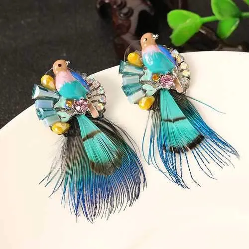 Bohemian Ethnic Style Feather Earrings 14K Gold Plated Bird Charm Gemstone Eardrop Gift for Women