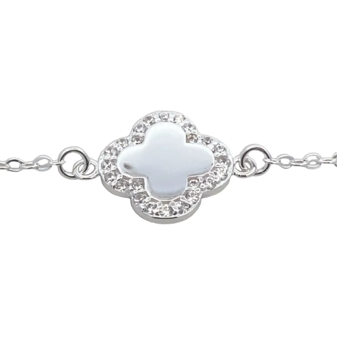 Cloverleaf 925 Sterling Silver CZ at side Bracelet