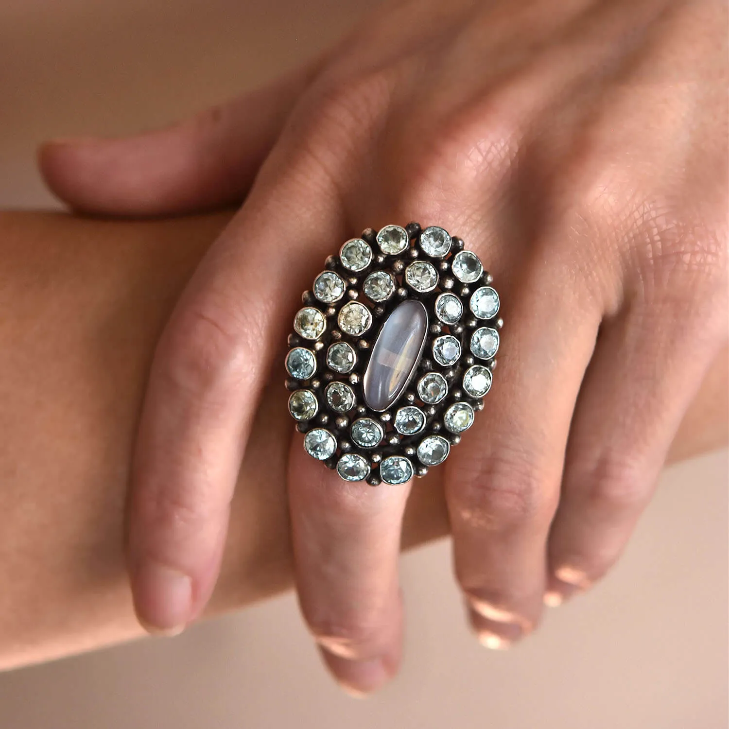 Early Retro Large Sterling Blue Zircon   Moonstone Cluster Ring