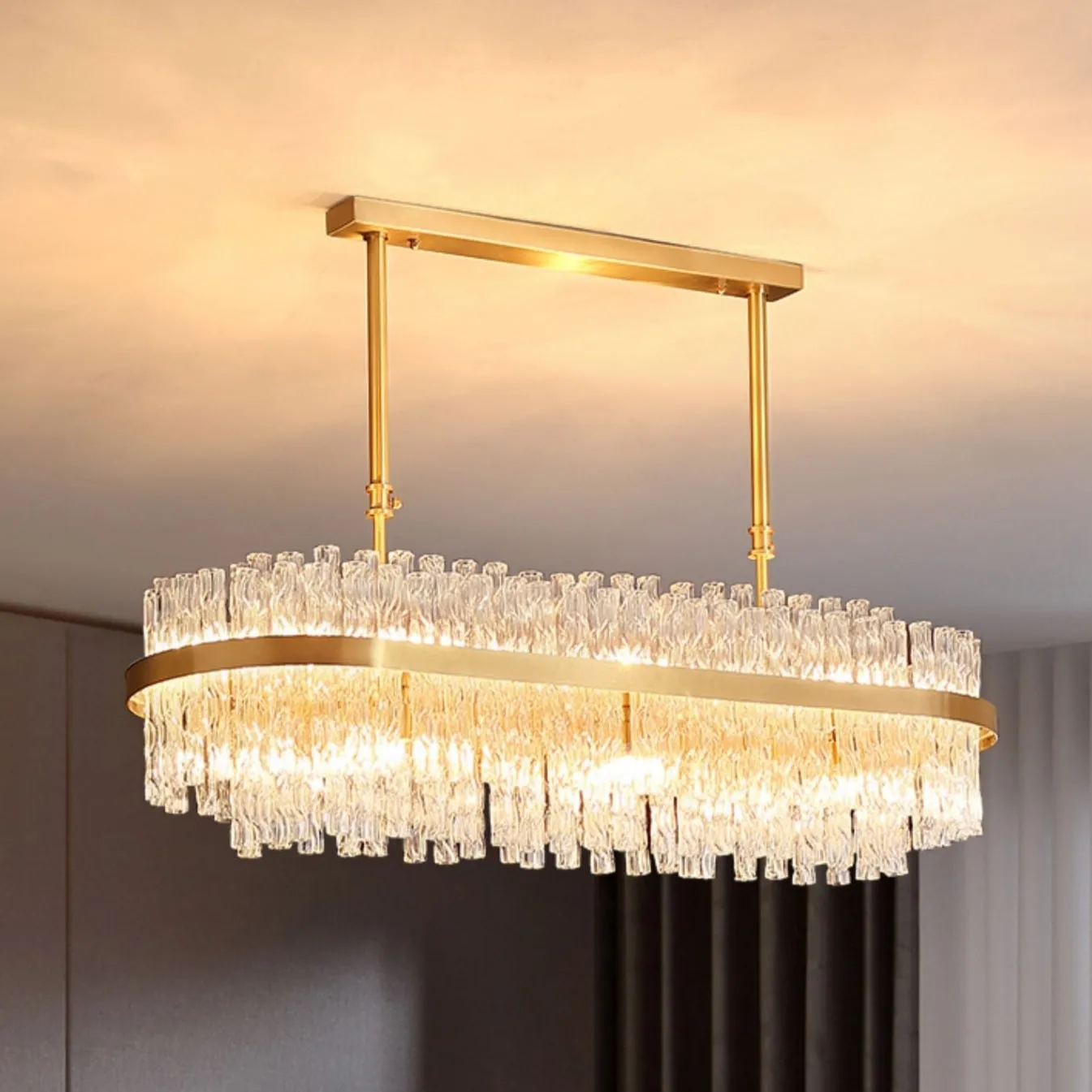 Elegant Brass Crystal Wave Tube Chandelier For Living Room Pure Copper Round Dining Table Ceiling Light/ Lamp