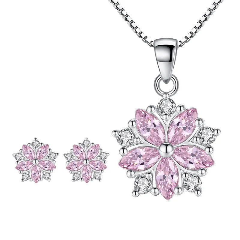 Fanqieliu Stamp 925 Silver Needle Vintage Flower Earrings and Crystal Pendant Necklace Jewelry Set for Women