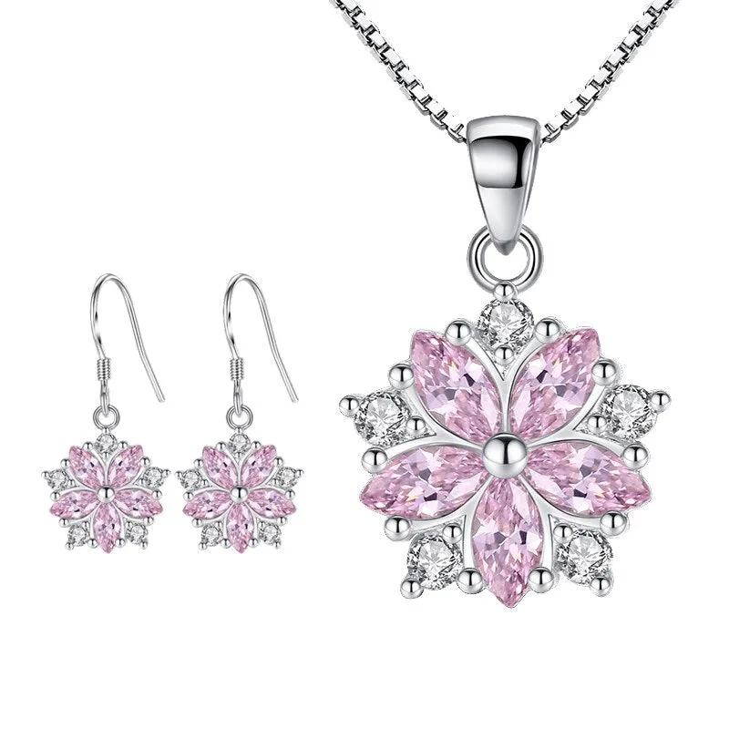 Fanqieliu Stamp 925 Silver Needle Vintage Flower Earrings and Crystal Pendant Necklace Jewelry Set for Women