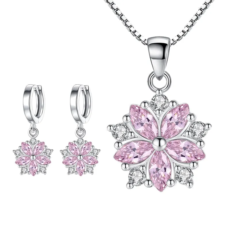 Fanqieliu Stamp 925 Silver Needle Vintage Flower Earrings and Crystal Pendant Necklace Jewelry Set for Women