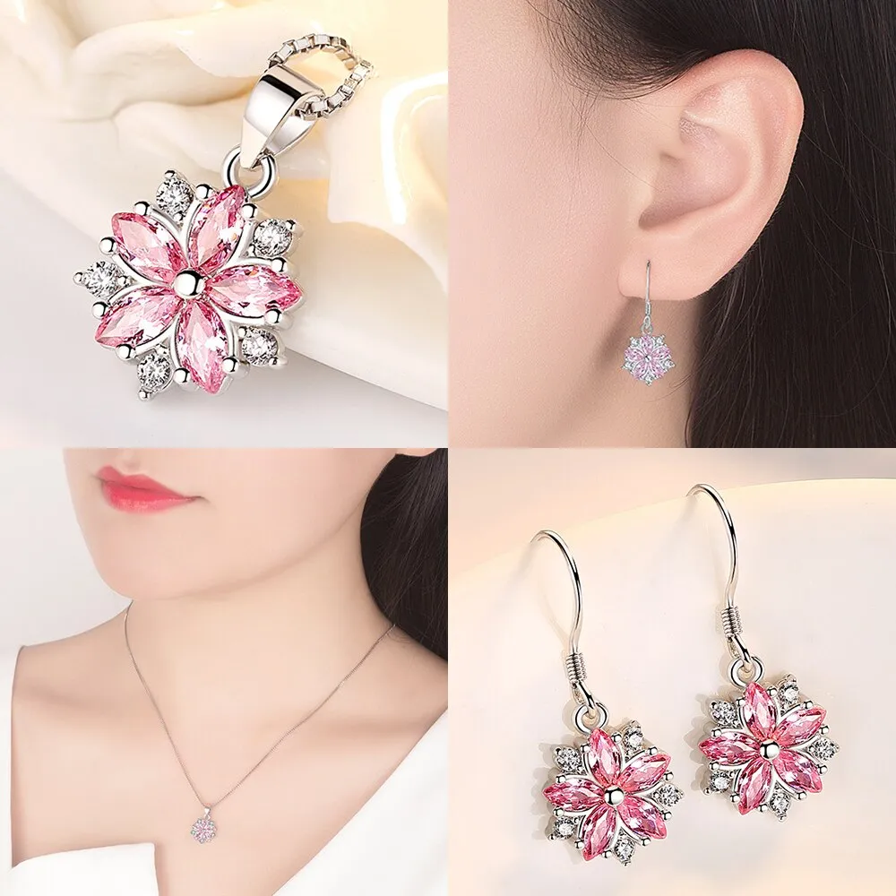 Fanqieliu Stamp 925 Silver Needle Vintage Flower Earrings and Crystal Pendant Necklace Jewelry Set for Women