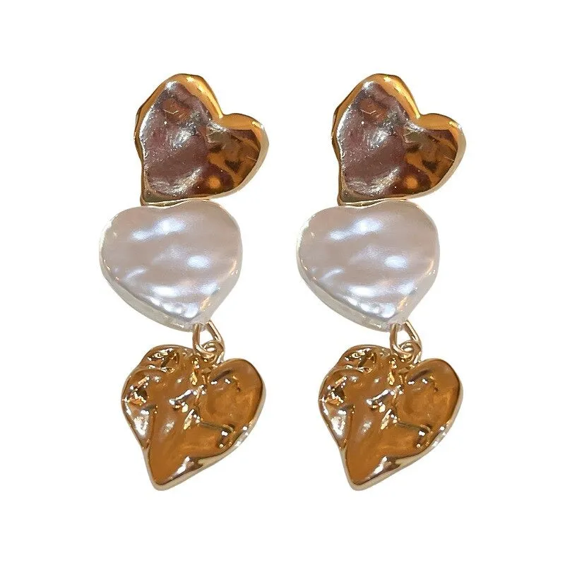 Gold and Pearl Inspired Dangling Heart Statement Earrings