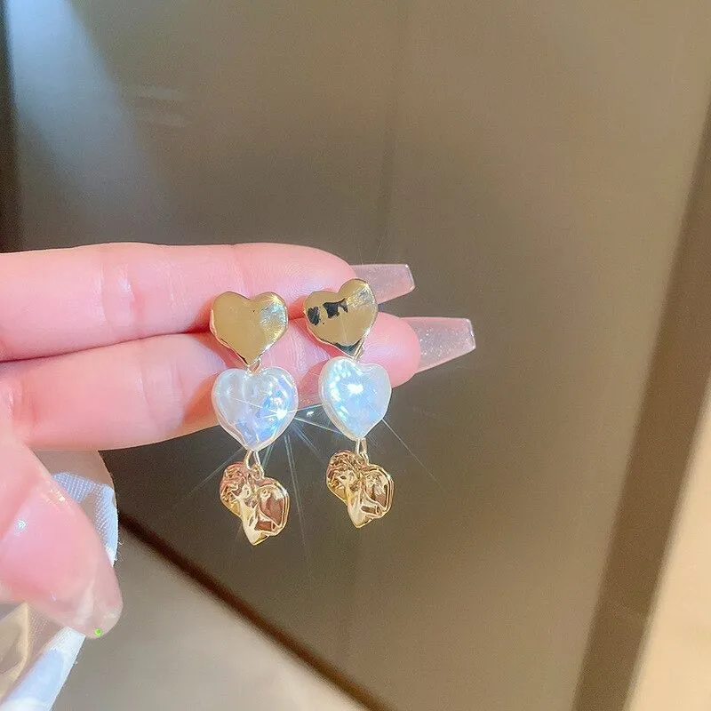 Gold and Pearl Inspired Dangling Heart Statement Earrings