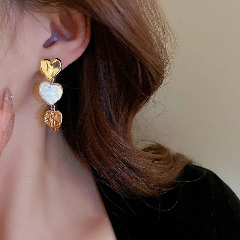 Gold and Pearl Inspired Dangling Heart Statement Earrings