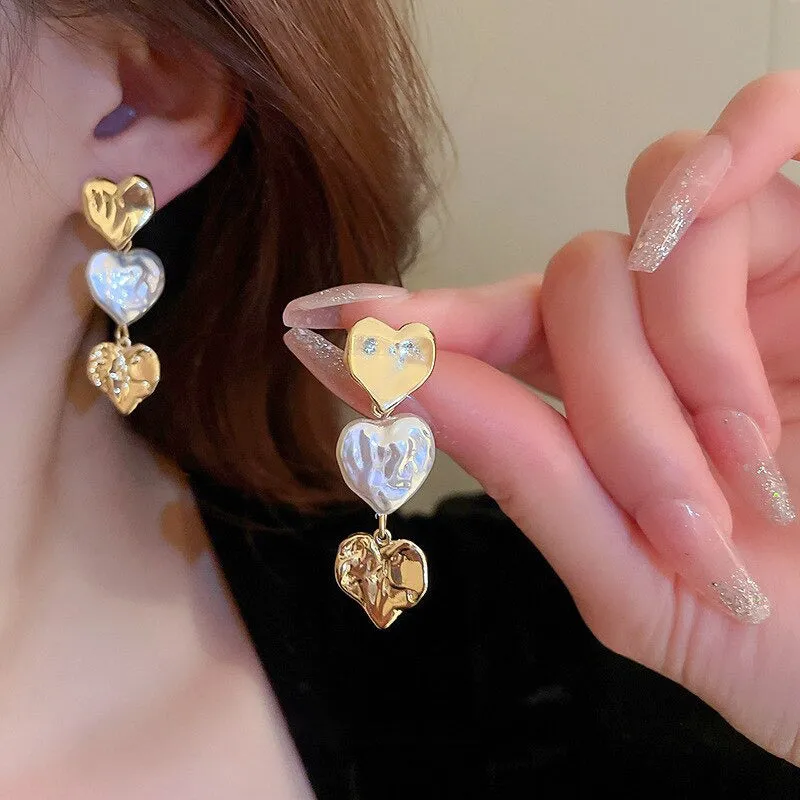 Gold and Pearl Inspired Dangling Heart Statement Earrings