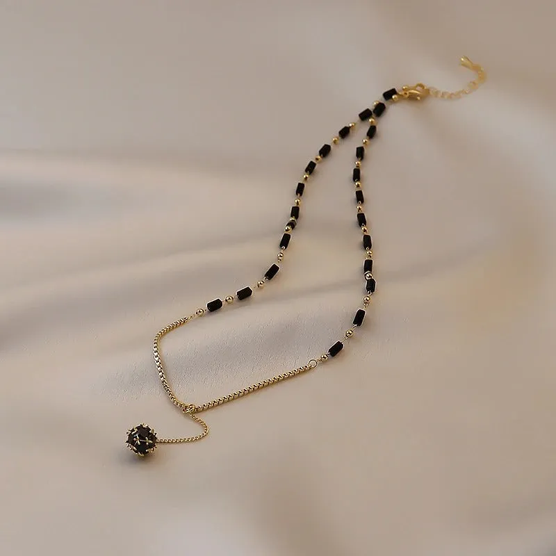 Gothic Vibe Black Beaded Chain Necklace with Long Drop Ball Charm