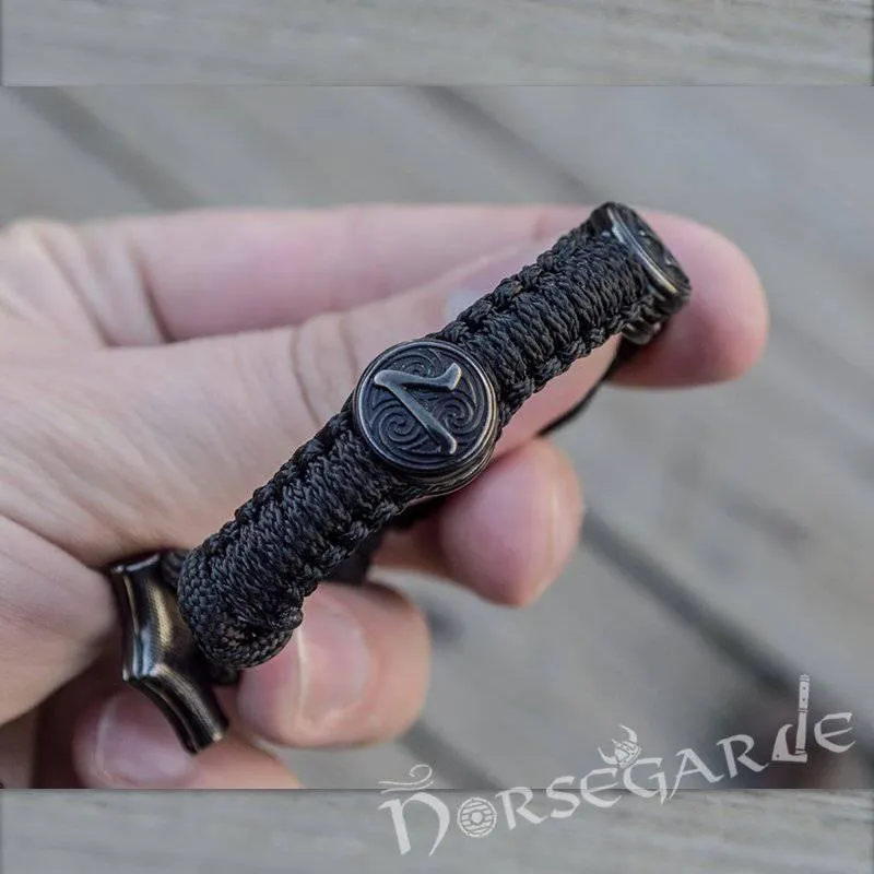 Handcrafted Ash Paracord Bracelet with Mjölnir and Runes - Ruthenium Plated Sterling Silver