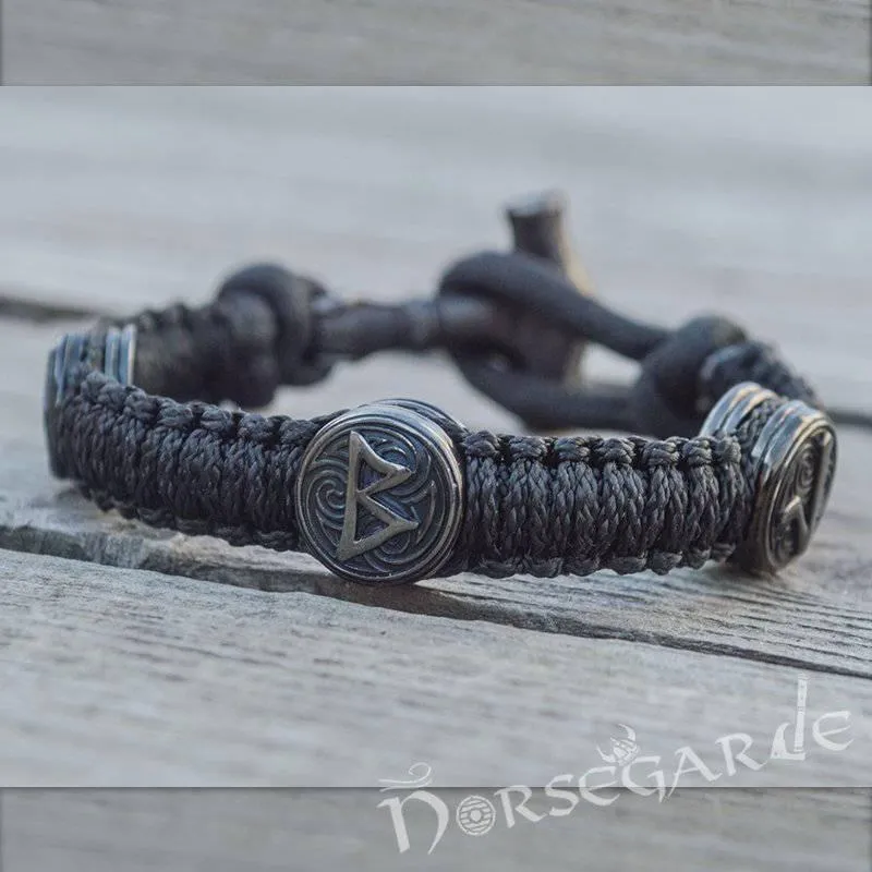 Handcrafted Ash Paracord Bracelet with Mjölnir and Runes - Ruthenium Plated Sterling Silver