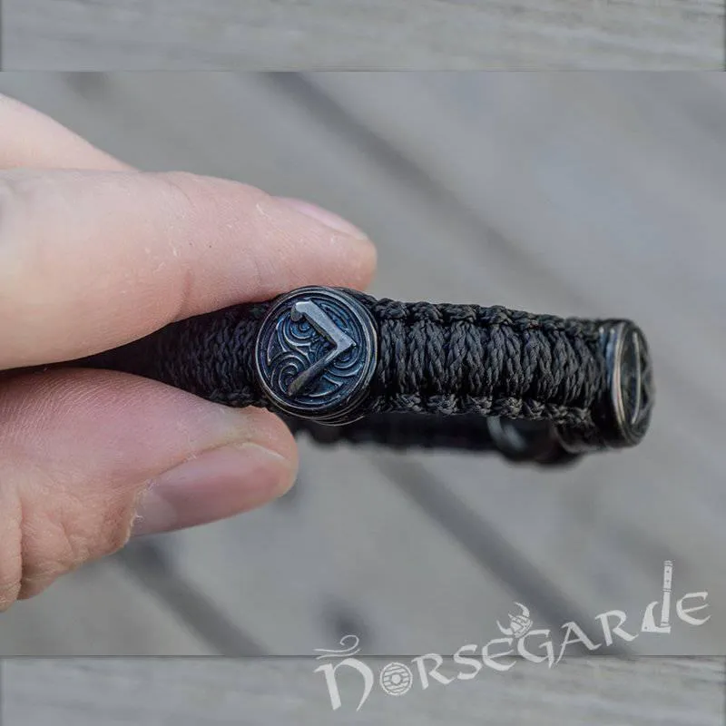 Handcrafted Ash Paracord Bracelet with Mjölnir and Runes - Ruthenium Plated Sterling Silver