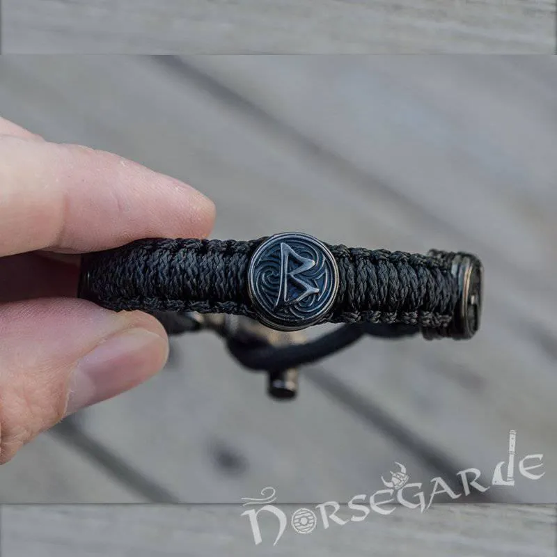 Handcrafted Ash Paracord Bracelet with Mjölnir and Runes - Ruthenium Plated Sterling Silver