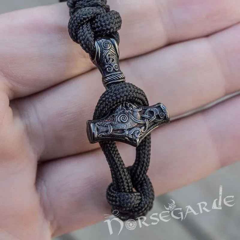 Handcrafted Ash Paracord Bracelet with Mjölnir and Runes - Ruthenium Plated Sterling Silver