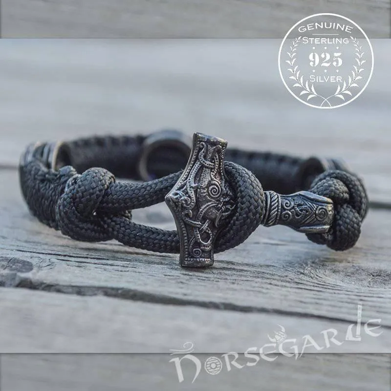 Handcrafted Ash Paracord Bracelet with Mjölnir and Runes - Ruthenium Plated Sterling Silver