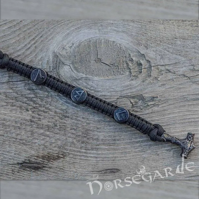 Handcrafted Ash Paracord Bracelet with Mjölnir and Runes - Ruthenium Plated Sterling Silver