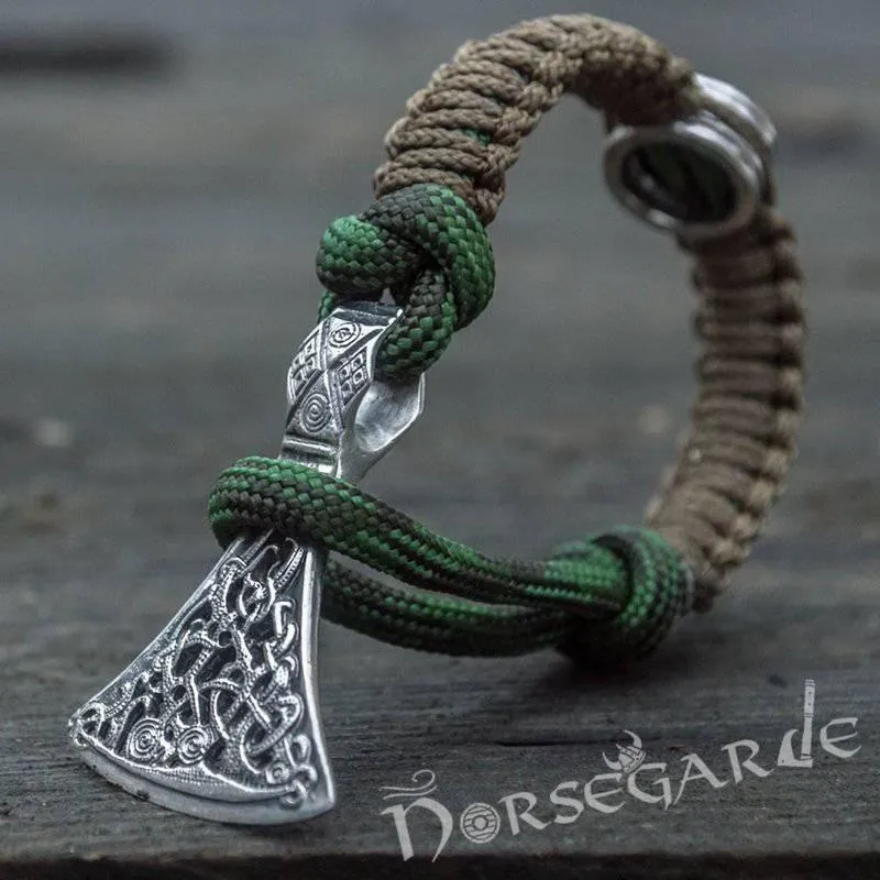 Handcrafted Forest Paracord Bracelet with Axe Head and Rune - Sterling Silver