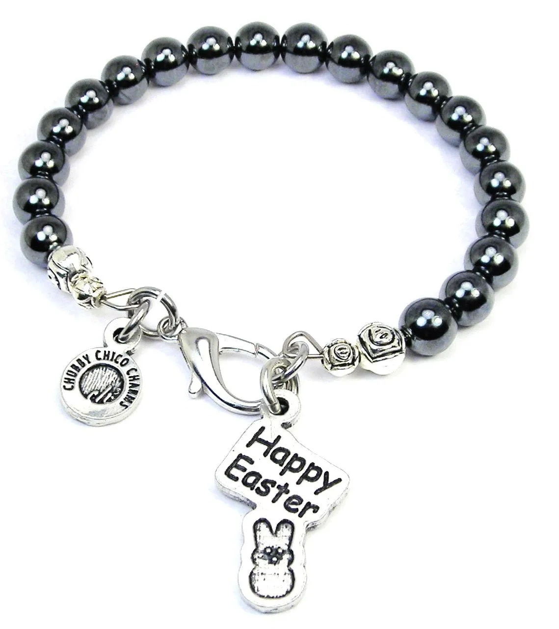 Happy Easter With Marshmallow Bunny Hematite Glass Bracelet